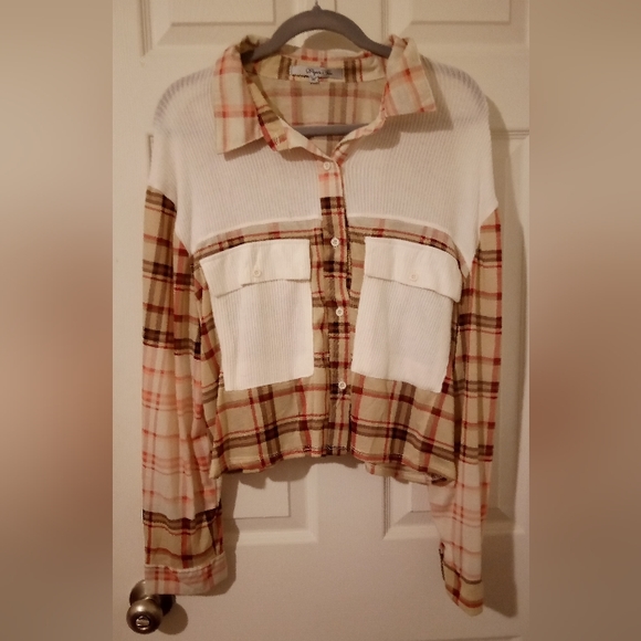 paper tee Tops - Paper tee white and plaid beige long sleeve crop top